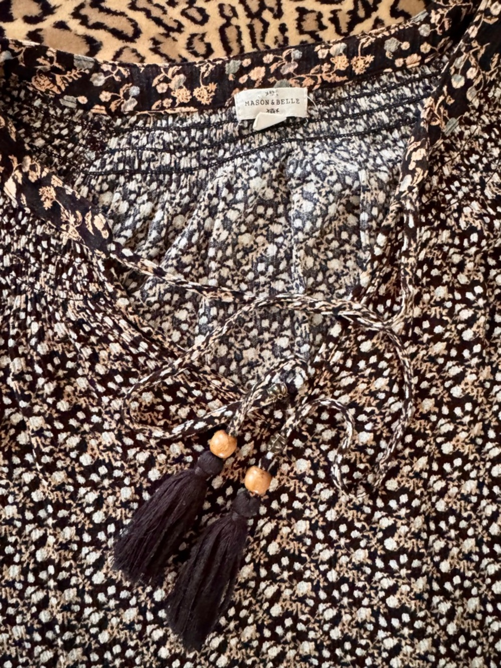 Mason & Belle Black Floral Long-Sleeve Peasant Top with Coral Accent - Picture 5 of 9
